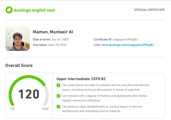 Duolingo English Test Official Certificate – Score 120 (CEFR B2)